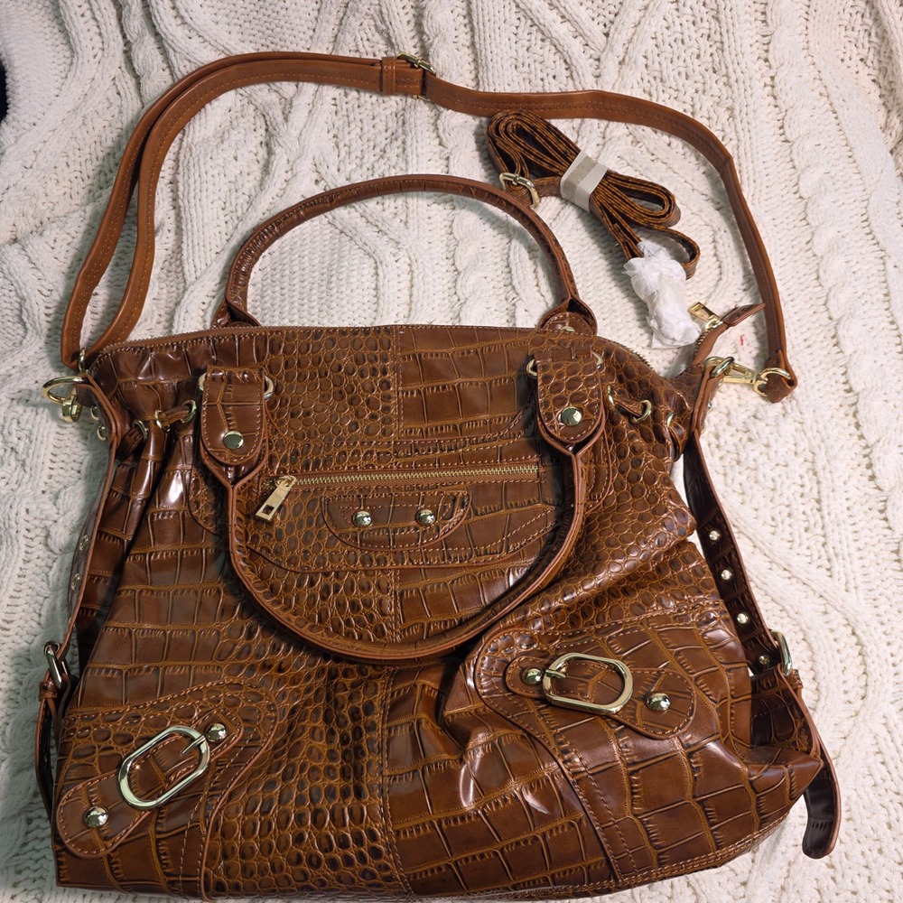 Array Croco Embossed Satchel Large Vegan Leather Shoulder Bag Brown Studded Y2K